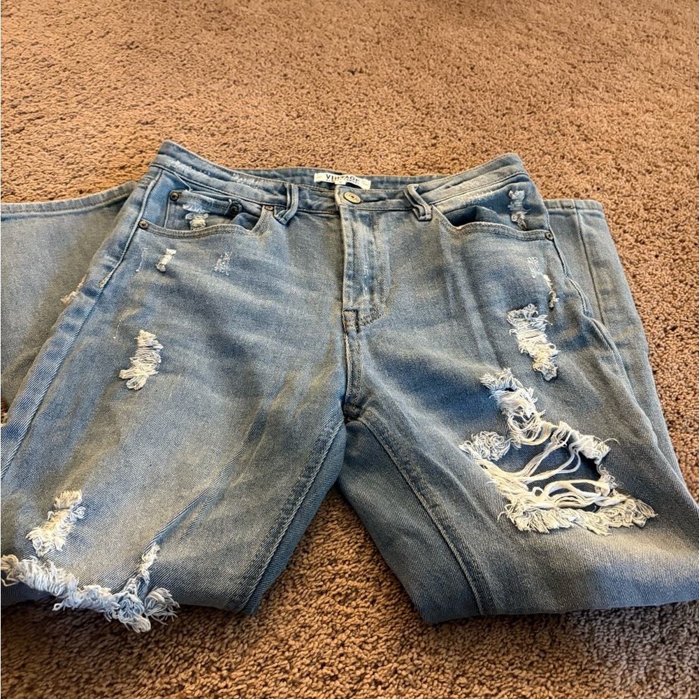Almost Famous Blue Boyfriend Jeans with Distressed Details